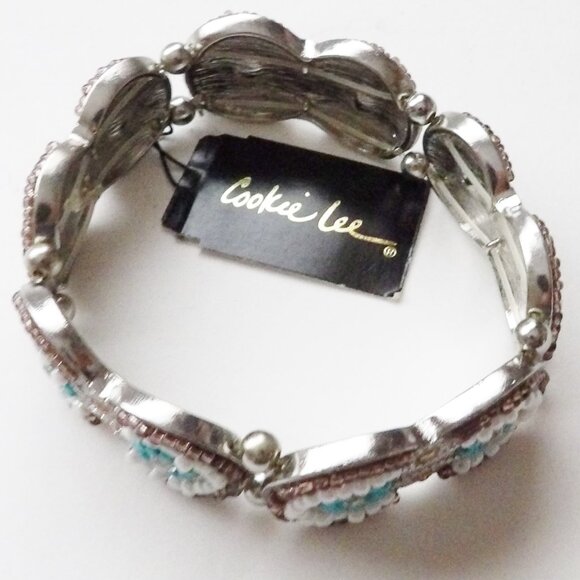 Cookie Lee NWT Crystal & Glass Bead Stretch Bracelet Silver Tone Southwest Look - Picture 5 of 8